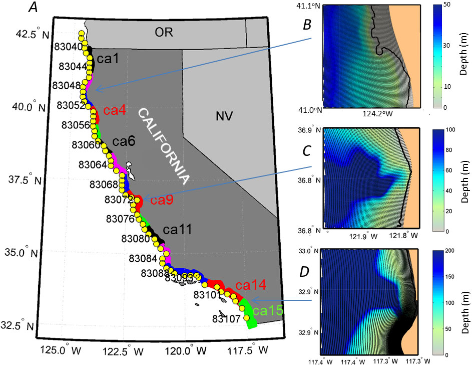 Figure 1 showing a map of 15 SWAN grids and WIS location boundary points; plus 3 examples of grids and bathymetry.