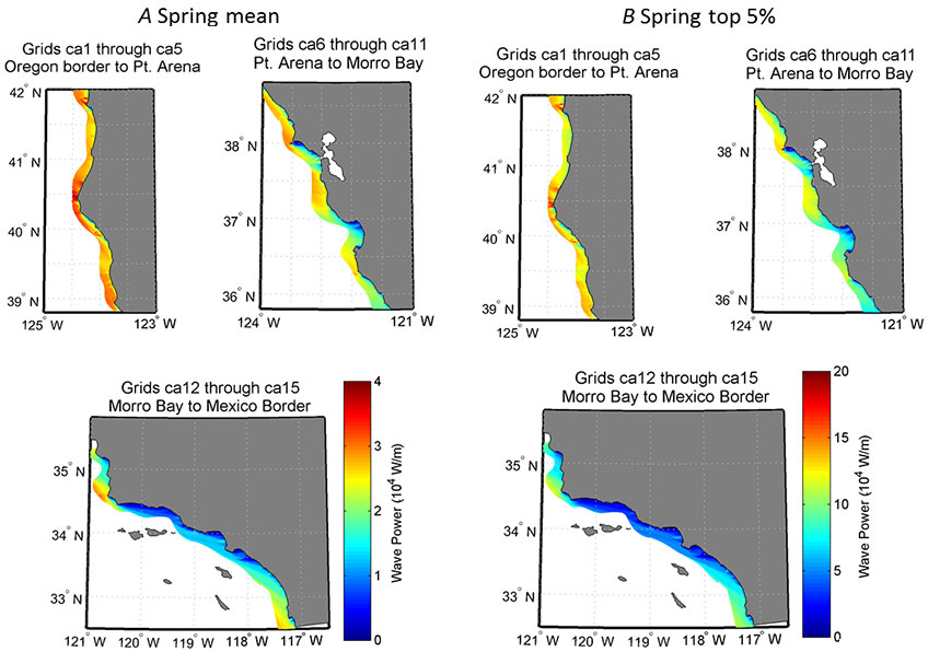 Figure 4, maps showing spring wave power along the inner margin of the California shelf.