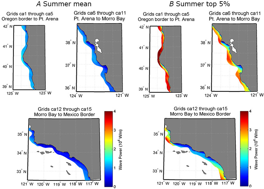 Figure 5, maps showing summer wave power along the inner margin of the California shelf.