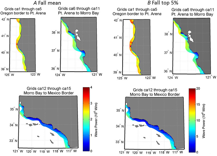 Figure 6, maps showing fall wave power along the inner margin of the California shelf.